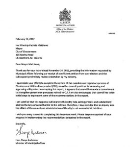 Minister of Municipal Affairs Minister Shaye Anderson's letter to Chestermere Mayor Patricia Matthews on February 16th, 2017. 